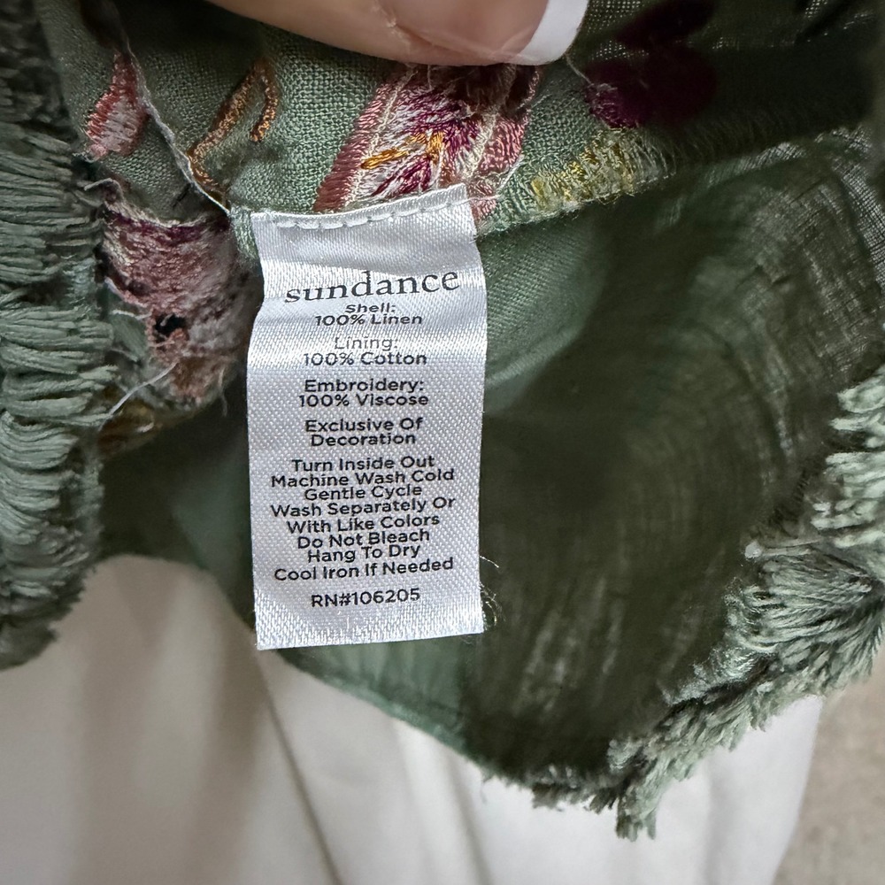 Sundance Womens Sage Green Embroidered Bird Floral Linen Peasant Blouse Small - Picture 8 of 11